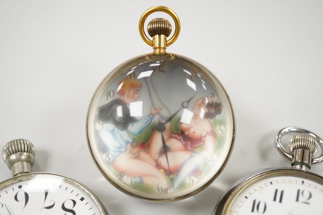 An erotic globe watch, a base metal open faced 8 day keyless pocket watch and two car dashboard clocks including Glo-Worm, largest case diameter 66mm.